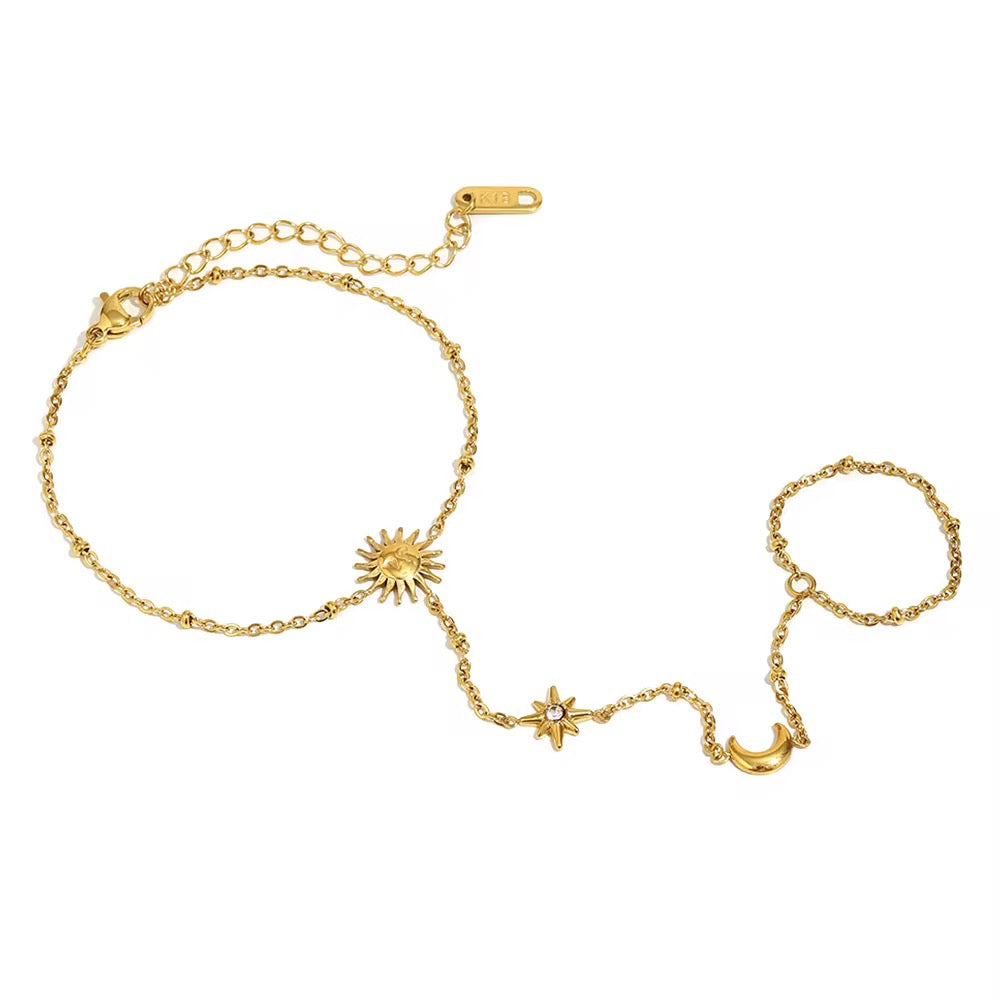 Gold bracelet with celestial charms. handchain, moon& star. waterproof